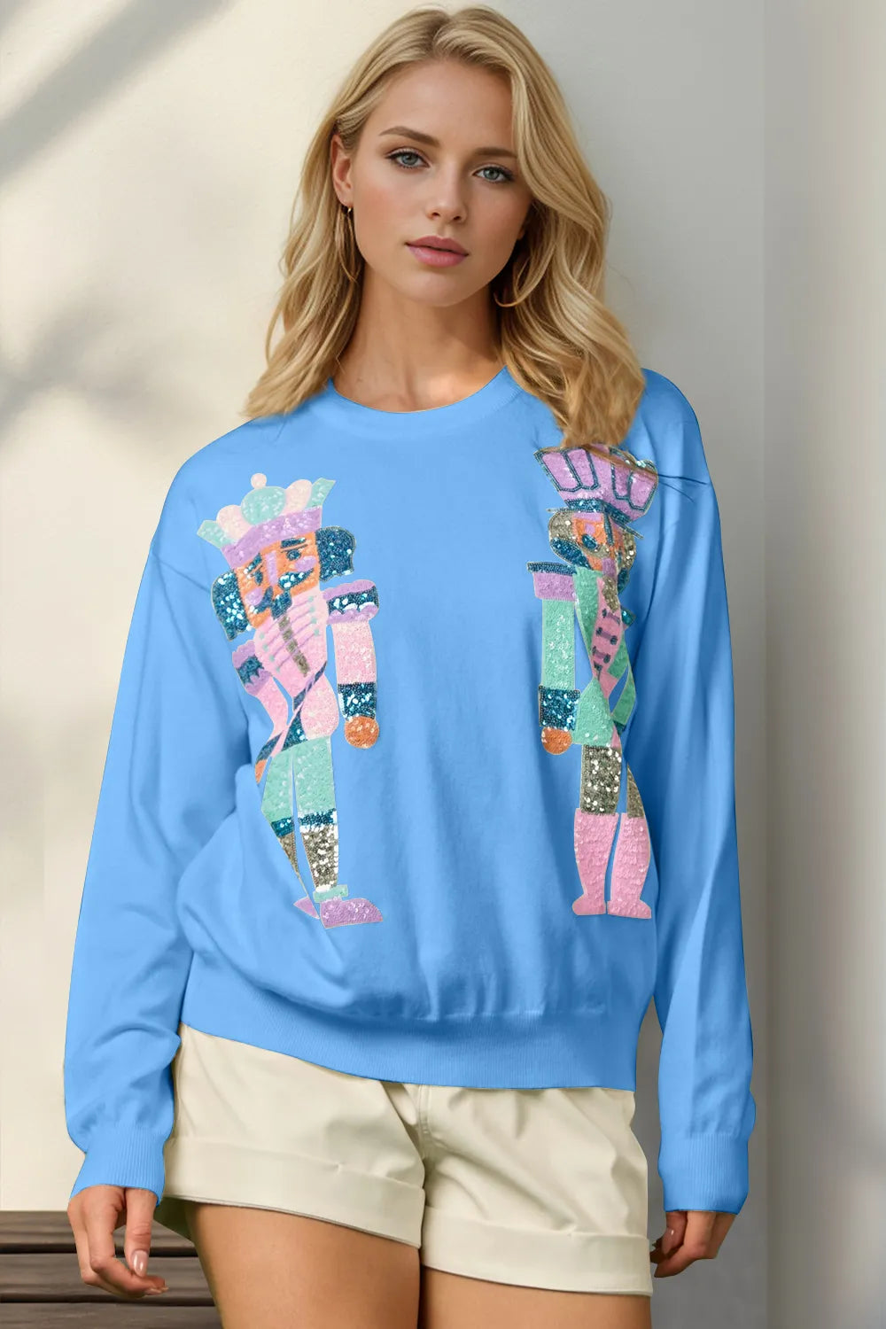 Double Take Full Size Sequin Nutcracker Long Sleeve Sweater in Sky Blue