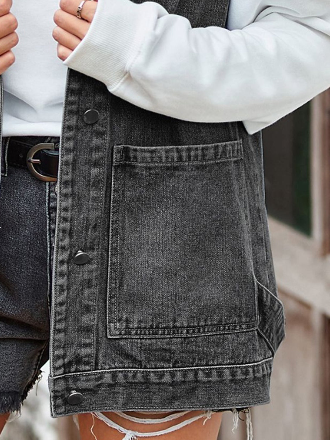 Button Up Sleeveless Denim Jacket with Pockets in Black, view 6