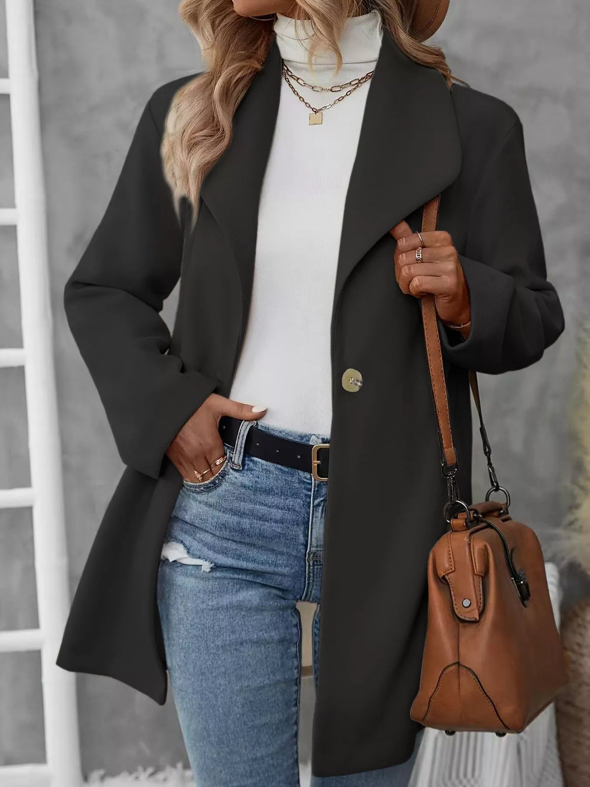 Lapel Collar Single-Button Wool Blend Overcoat - Lilixa.store