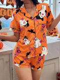 Halloween Ghost Print Button-Down Top and Shorts Lounge Set - Lilixa.store