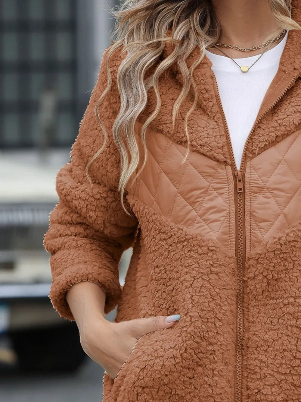 Fuzzy Zip Up Long Sleeve Hooded Jacket, view 6