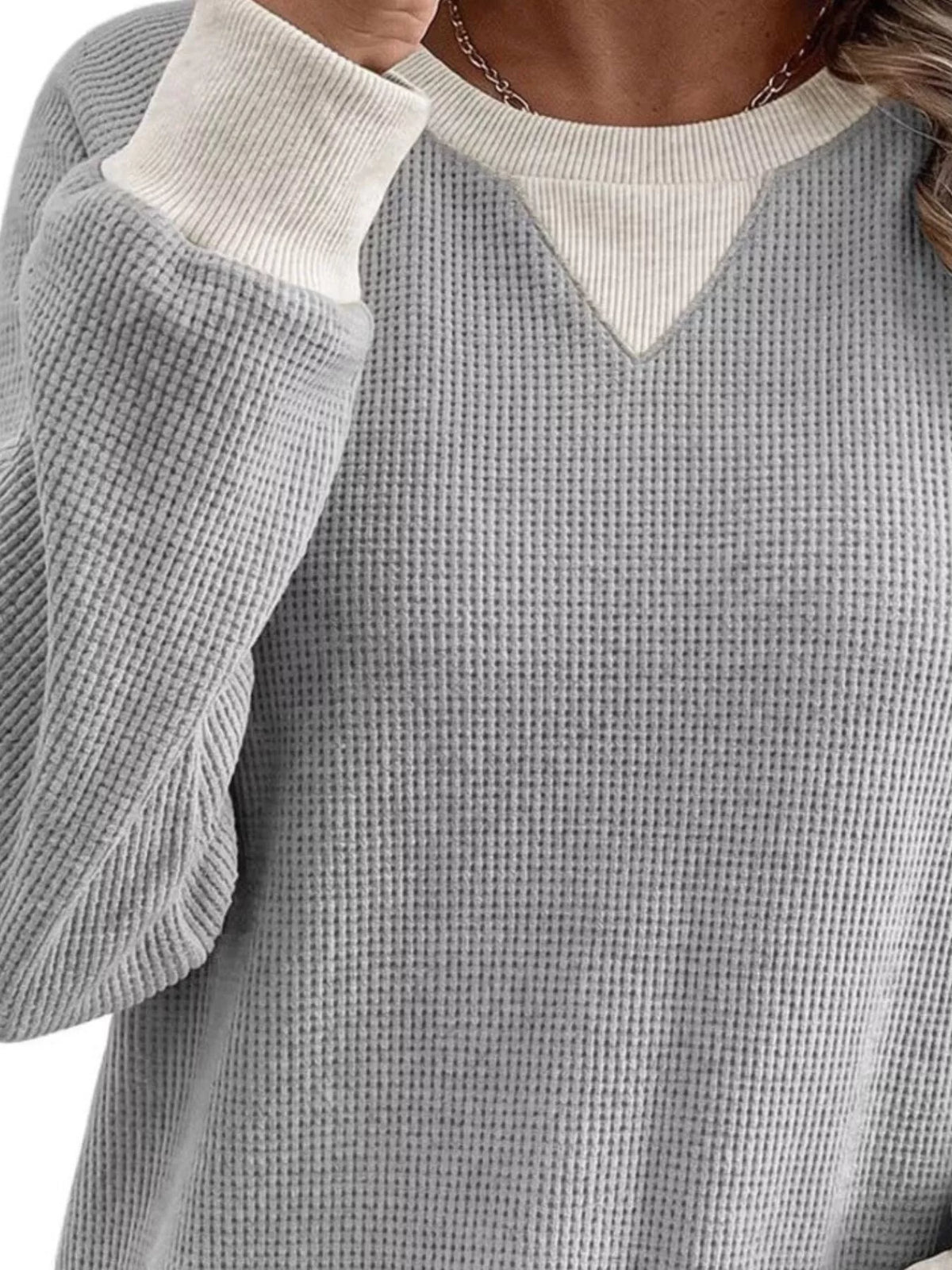 Waffle Knit Crew Neck Long Sleeve Sweatshirt, view 9