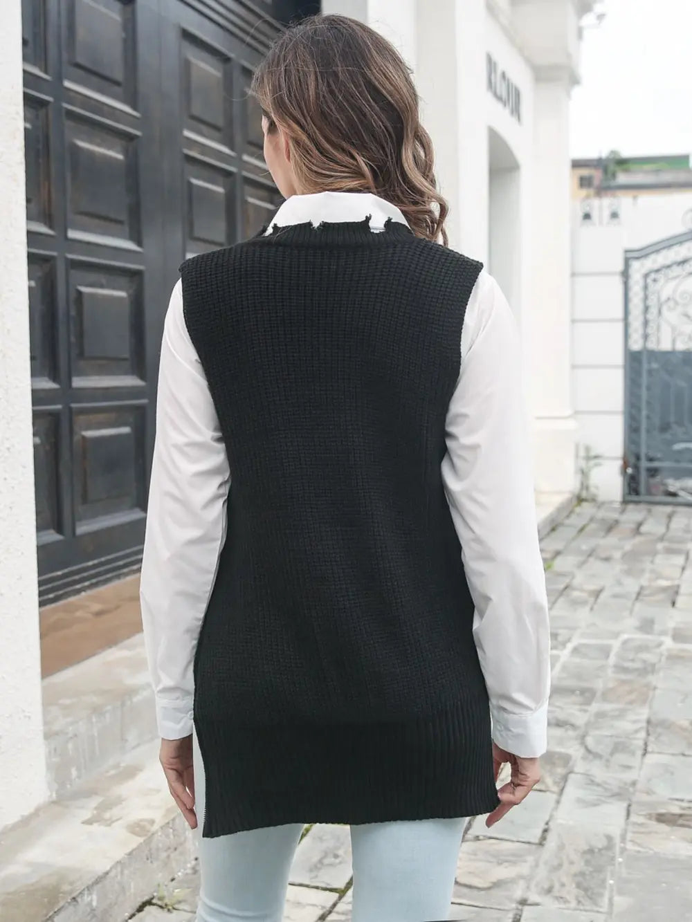 Frayed Hem Slit Sweater Vest in Black, view 2