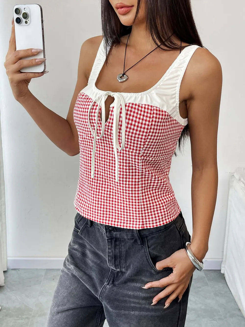Perfee Contrast Plaid Square Neck Tank - Lilixa.store