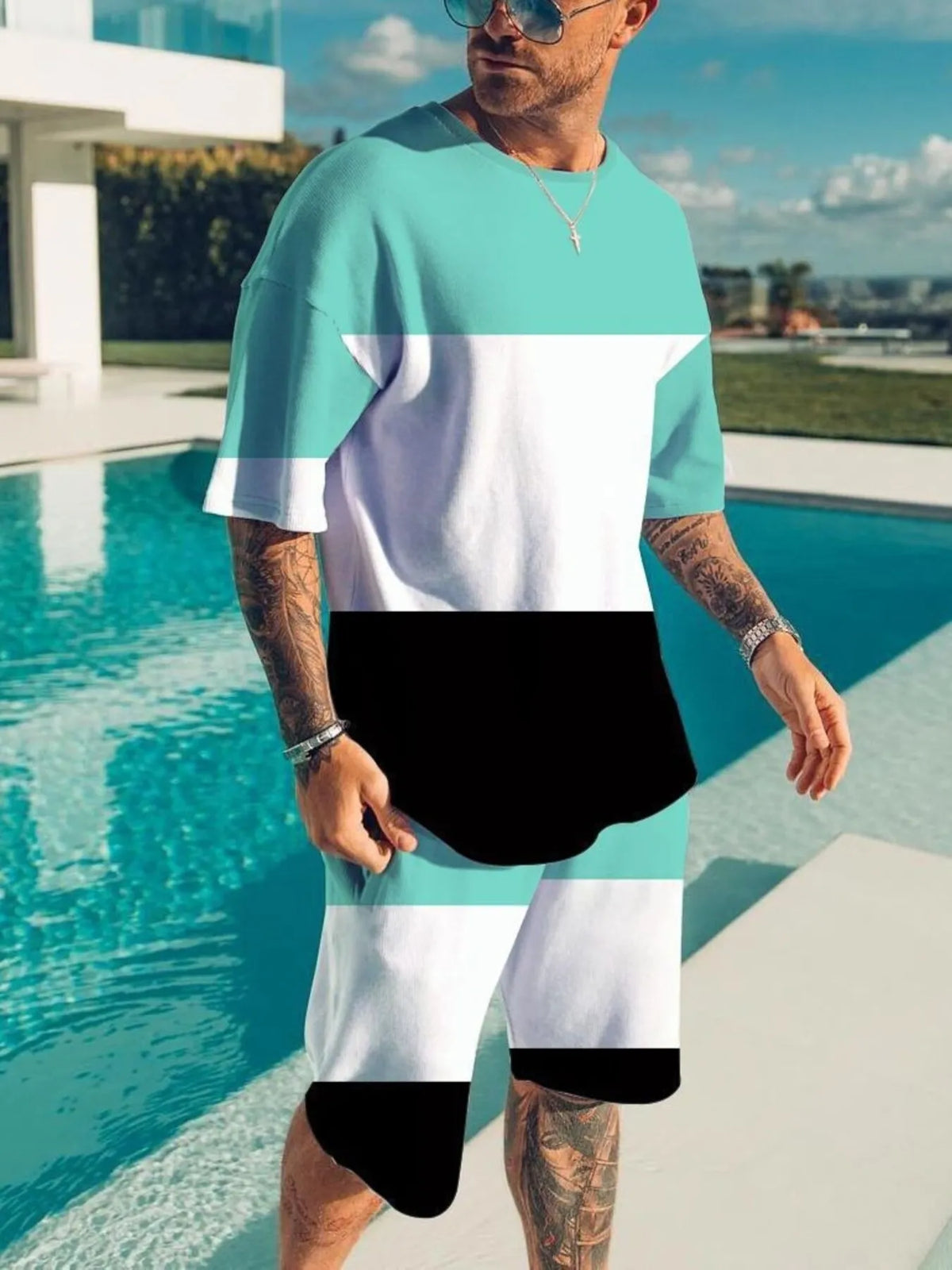 Men's Full Size Color Block Tee and Shorts Set Plus Size - Lilixa.store