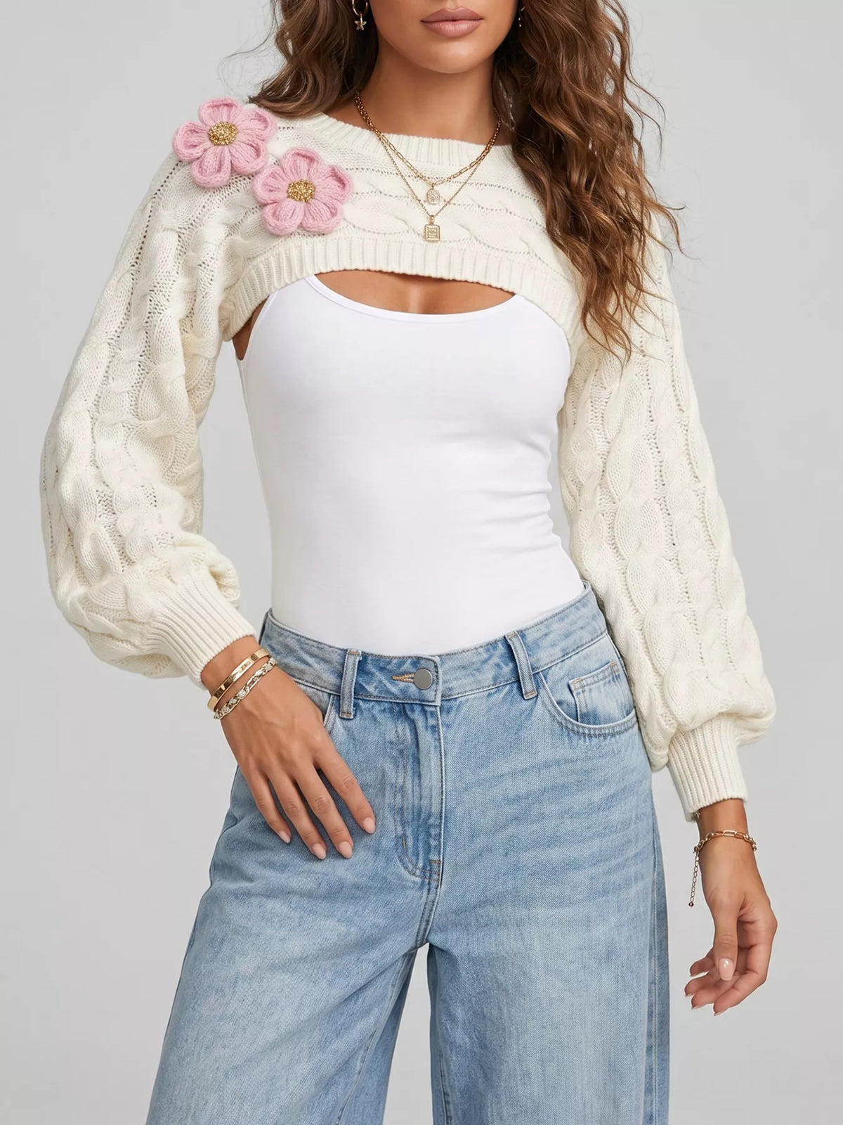 Floral Applique Cable Knit Cover Up - Lilixa.store
