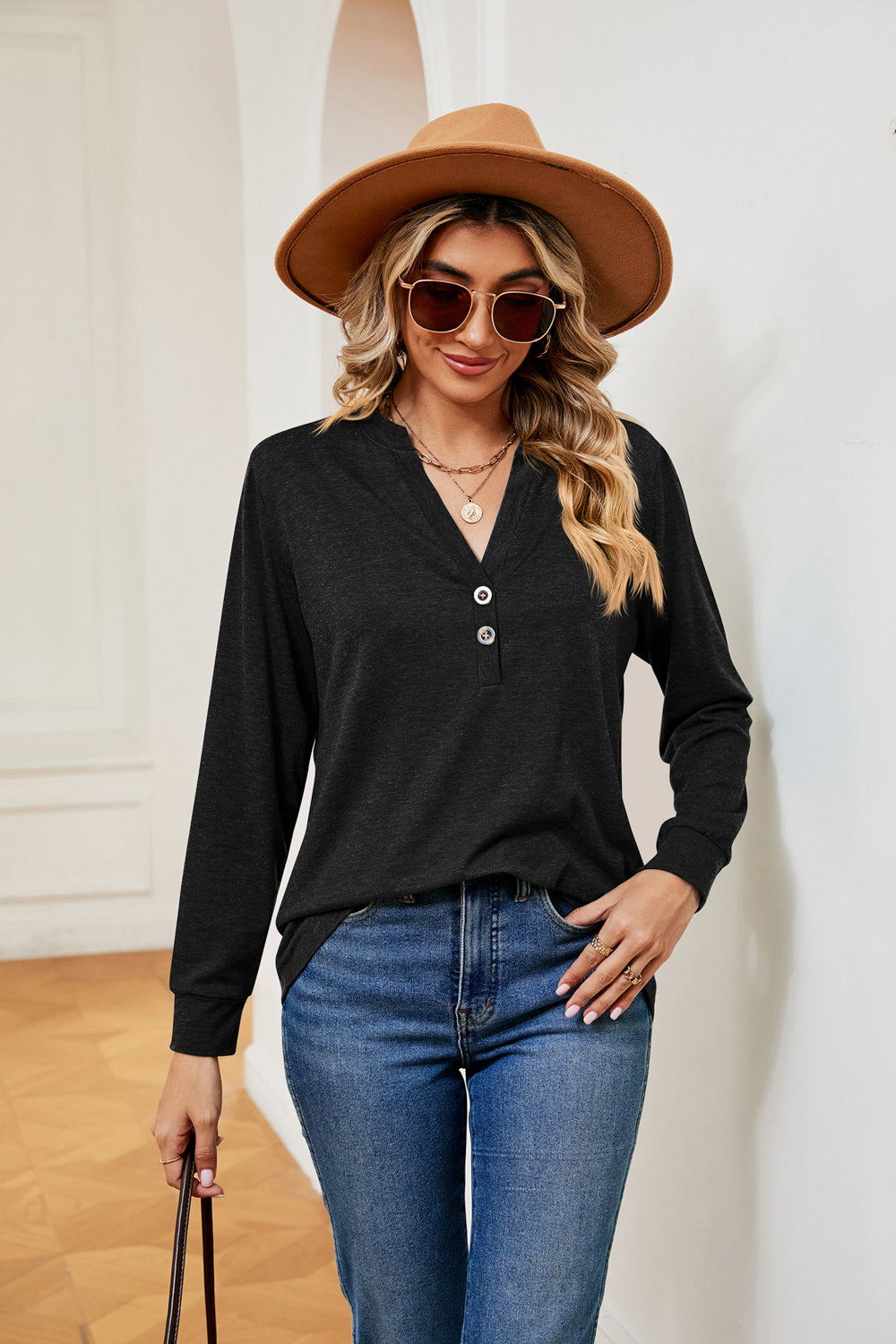 Buttoned Notched Neck Long Sleeve Top in Black