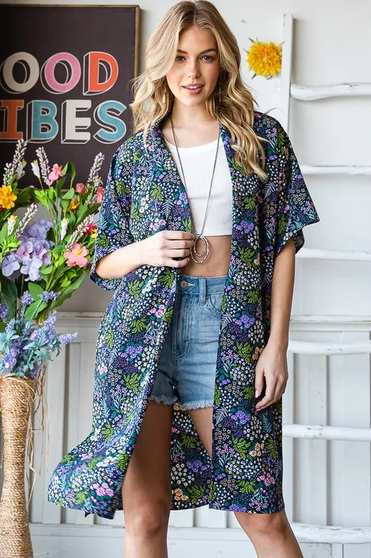 Heimish Full Size Half Sleeve Floral Open Cardigan Plus Size in Navy, view 4