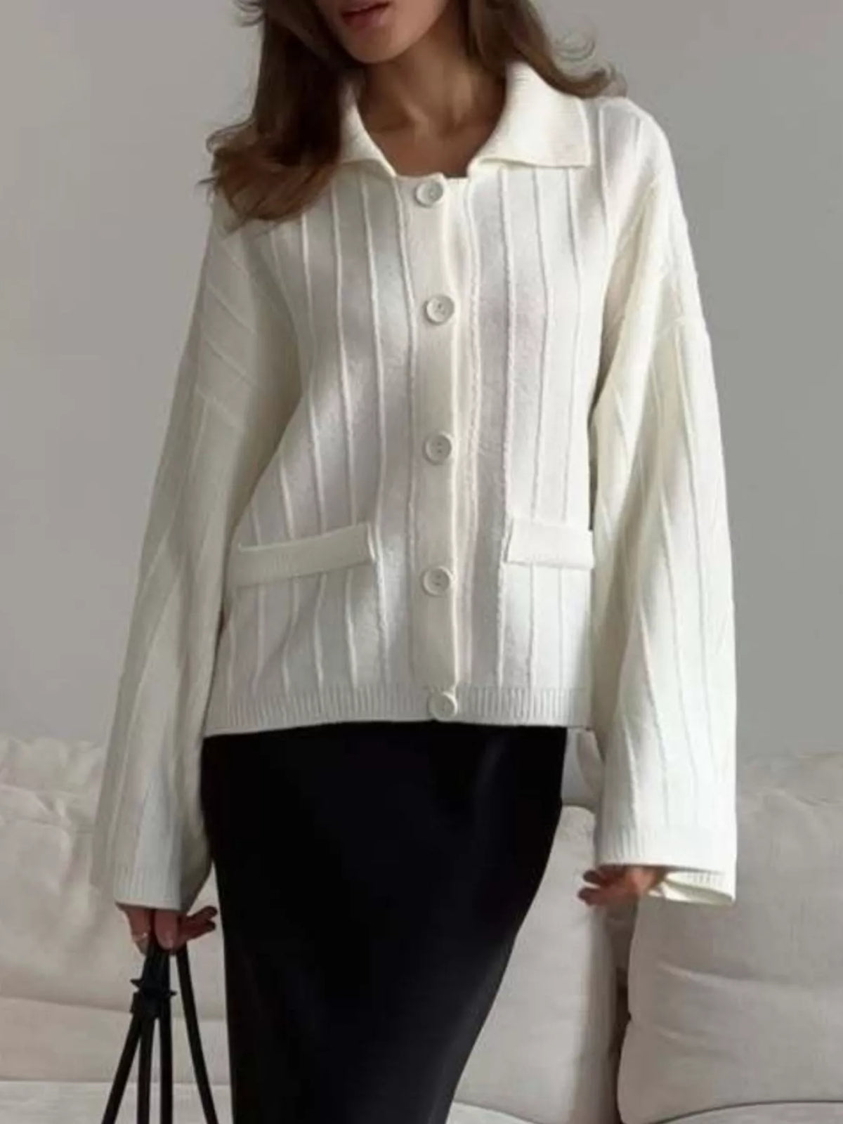Texture Knit Cardigan with Wide Sleeves and Collar, view 7