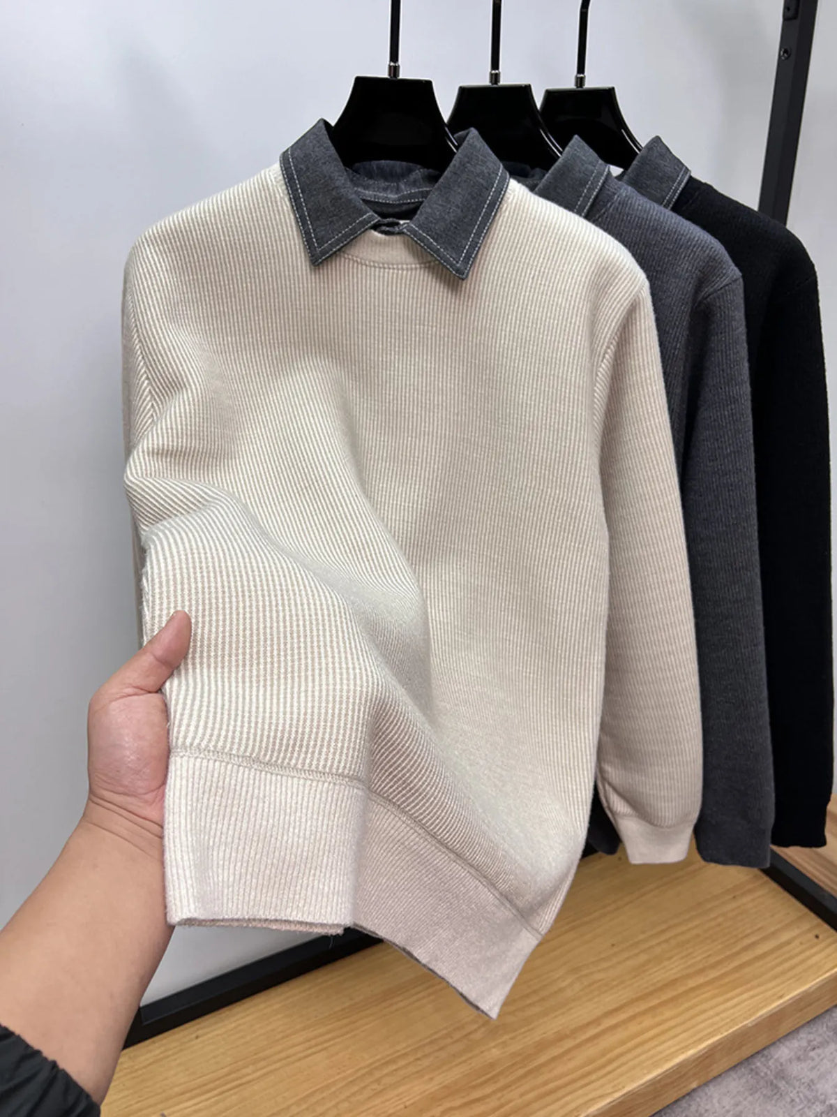 Men's Plus Size Ribbed Knit Collared Neck Sweater - Lilixa.store