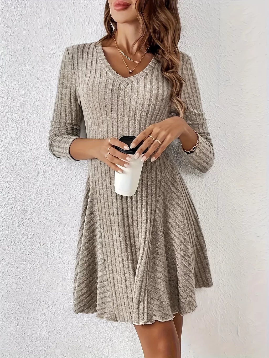 V-Neck Ribbed Knit Flared Knit Dress - Lilixa.store