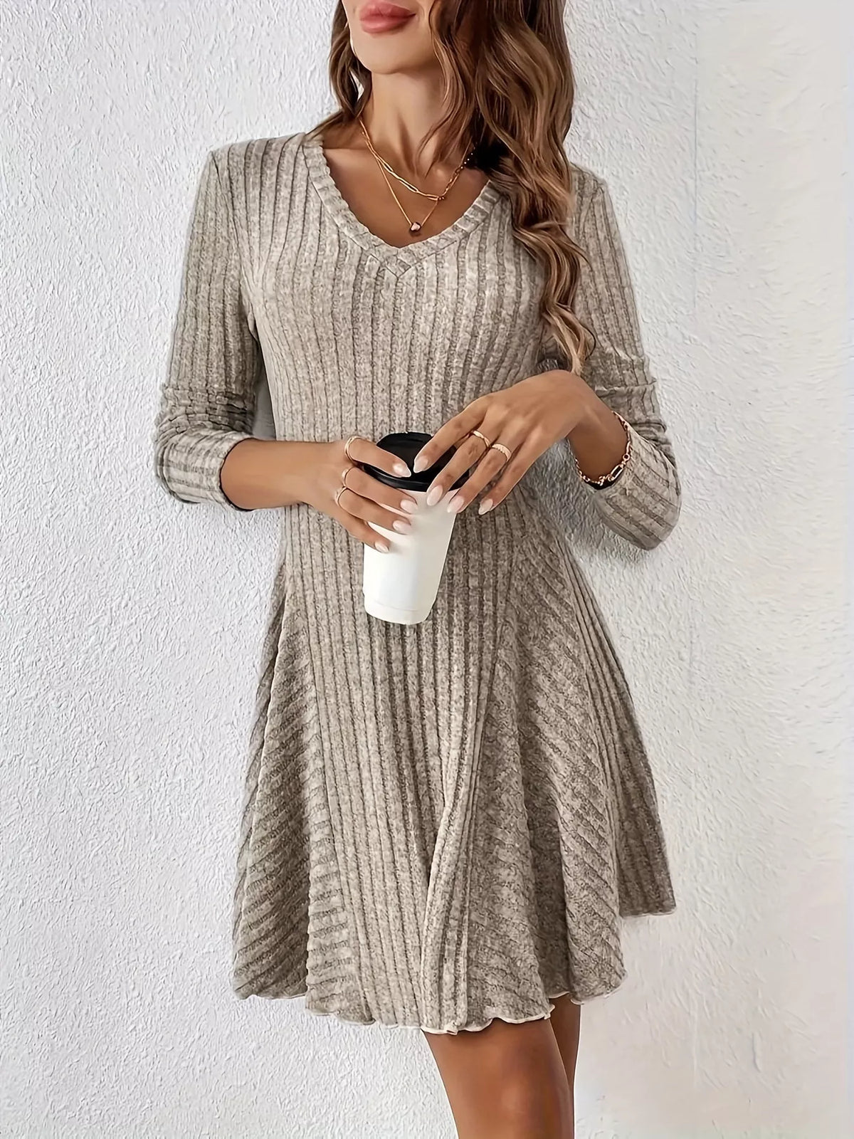 V-Neck Ribbed Knit Flared Knit Dress - Lilixa.store