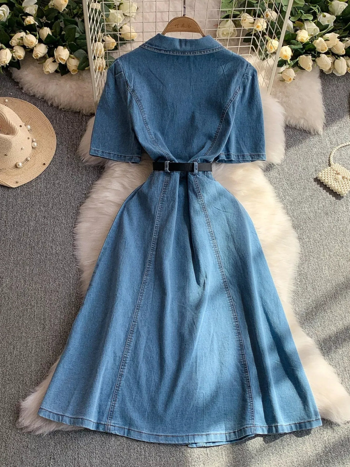 Button Front Short Sleeve Denim Dress - Lilixa.store