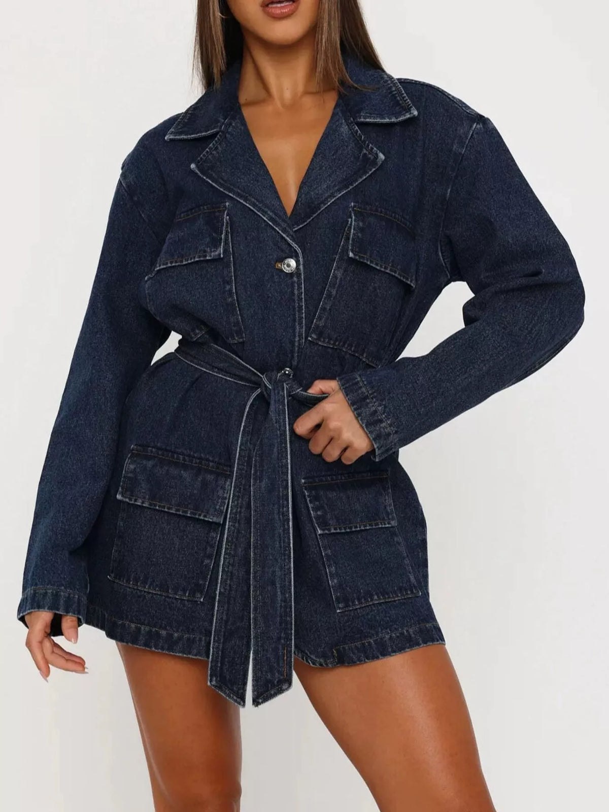 Long Sleeve Longline Denim Jacket with Belt in Dark Blue