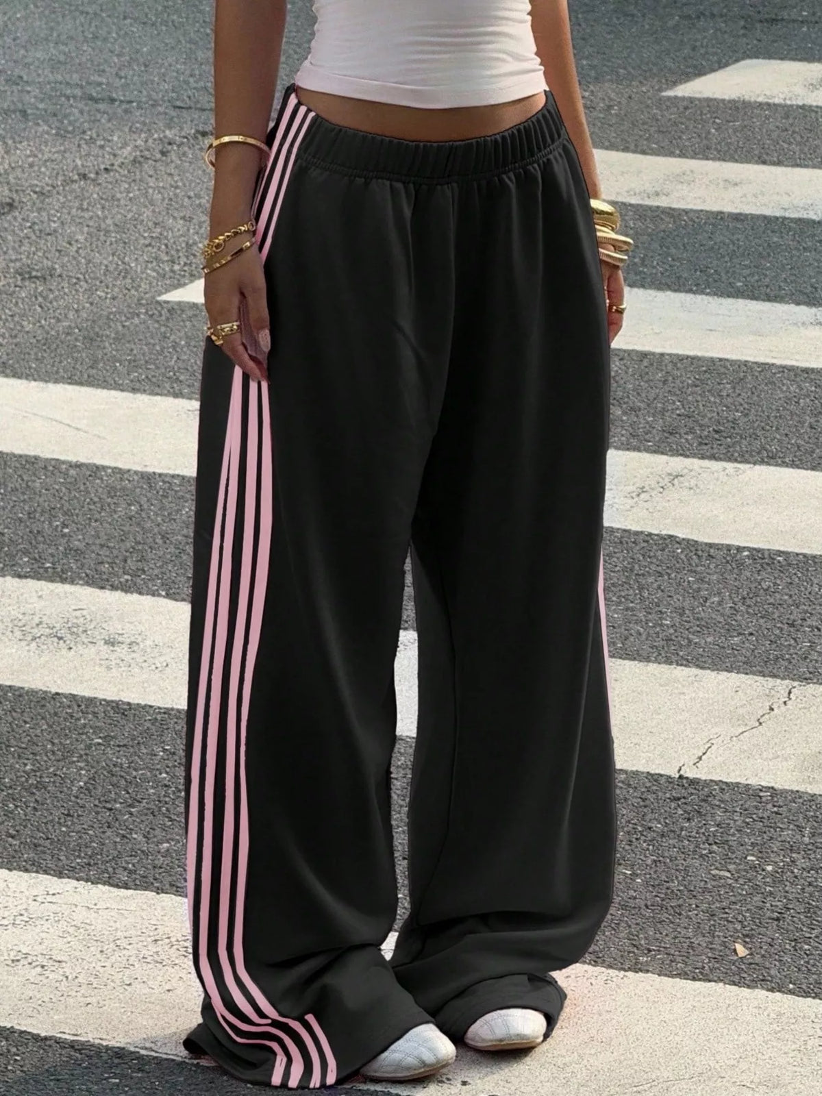 High-Waisted Wide-Leg Track Pants with Side Stripes in Black