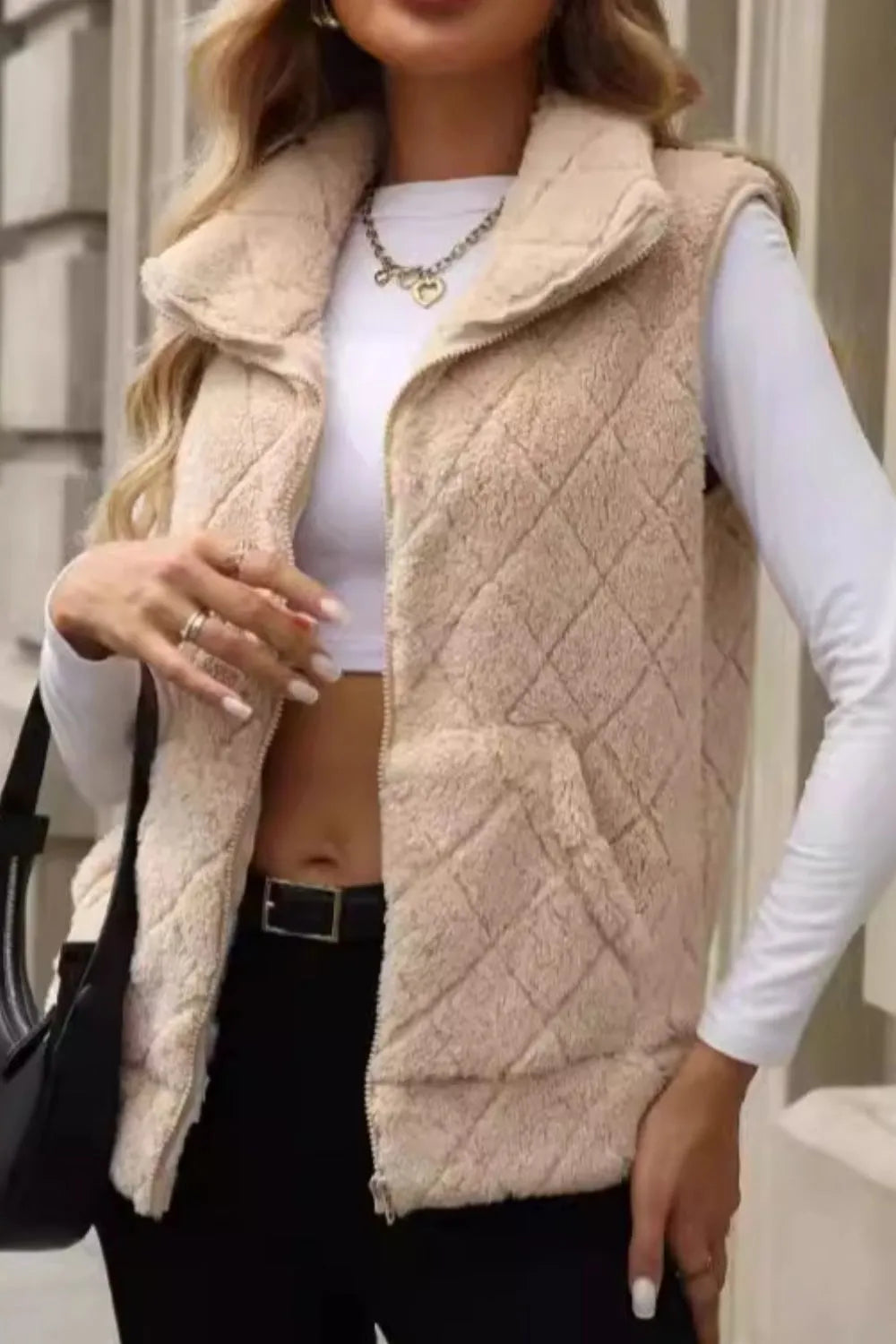 Fuzzy Plaid Texture Zip Up Vest Coat, view 3