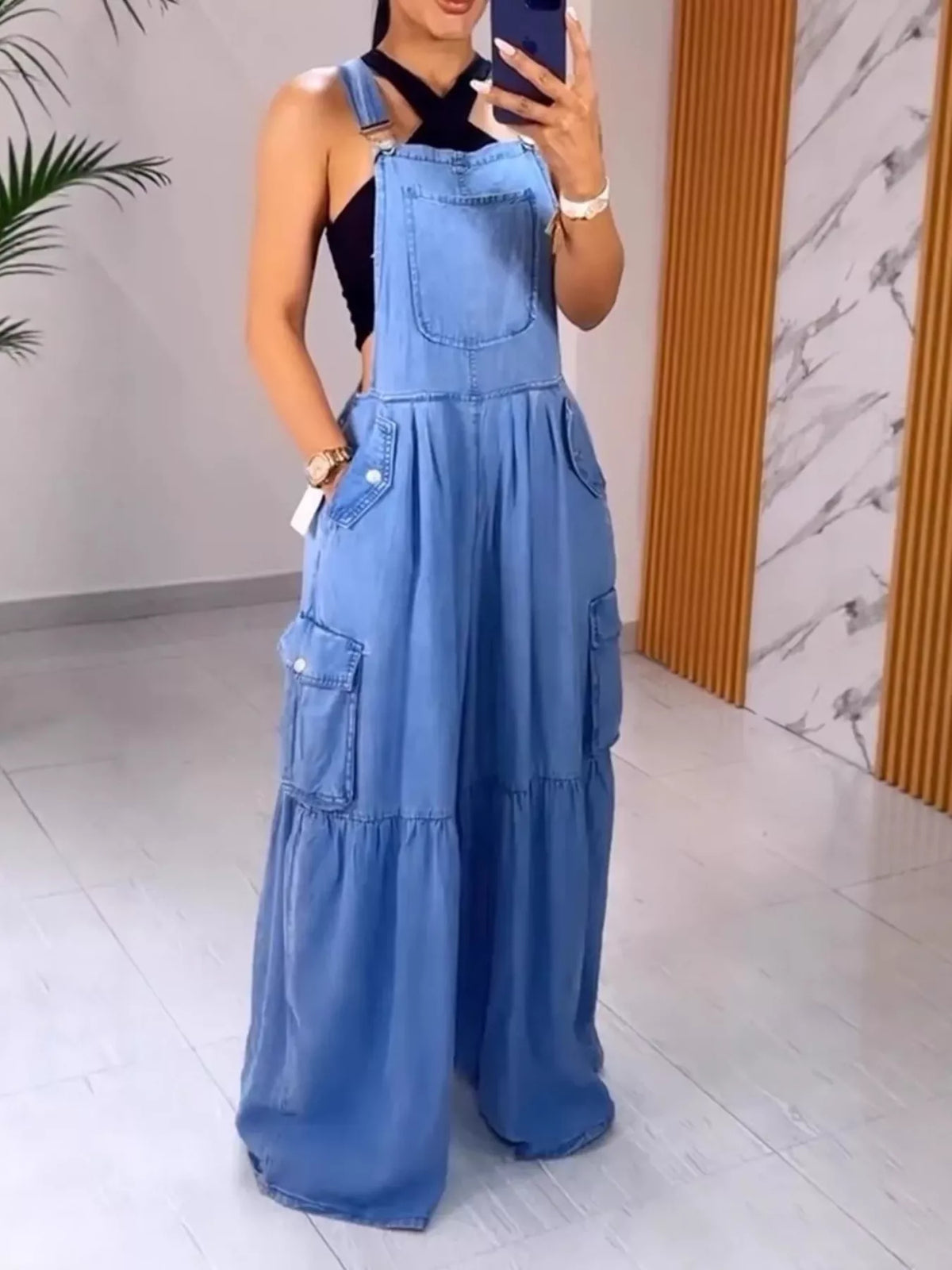 Full Size Pocketed Wide Leg Denim Overalls Plus Size - Lilixa.store