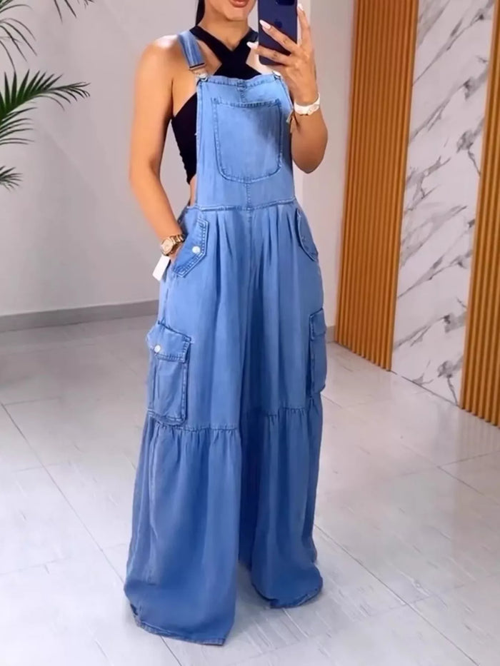 Full Size Pocketed Wide Leg Denim Overalls Plus Size - Lilixa.store