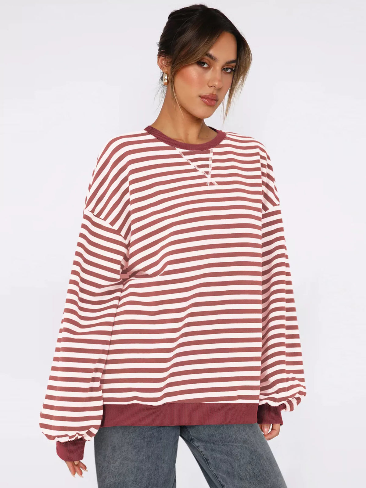 Striped Round Neck Long Sleeve Sweatshirt - Lilixa.store