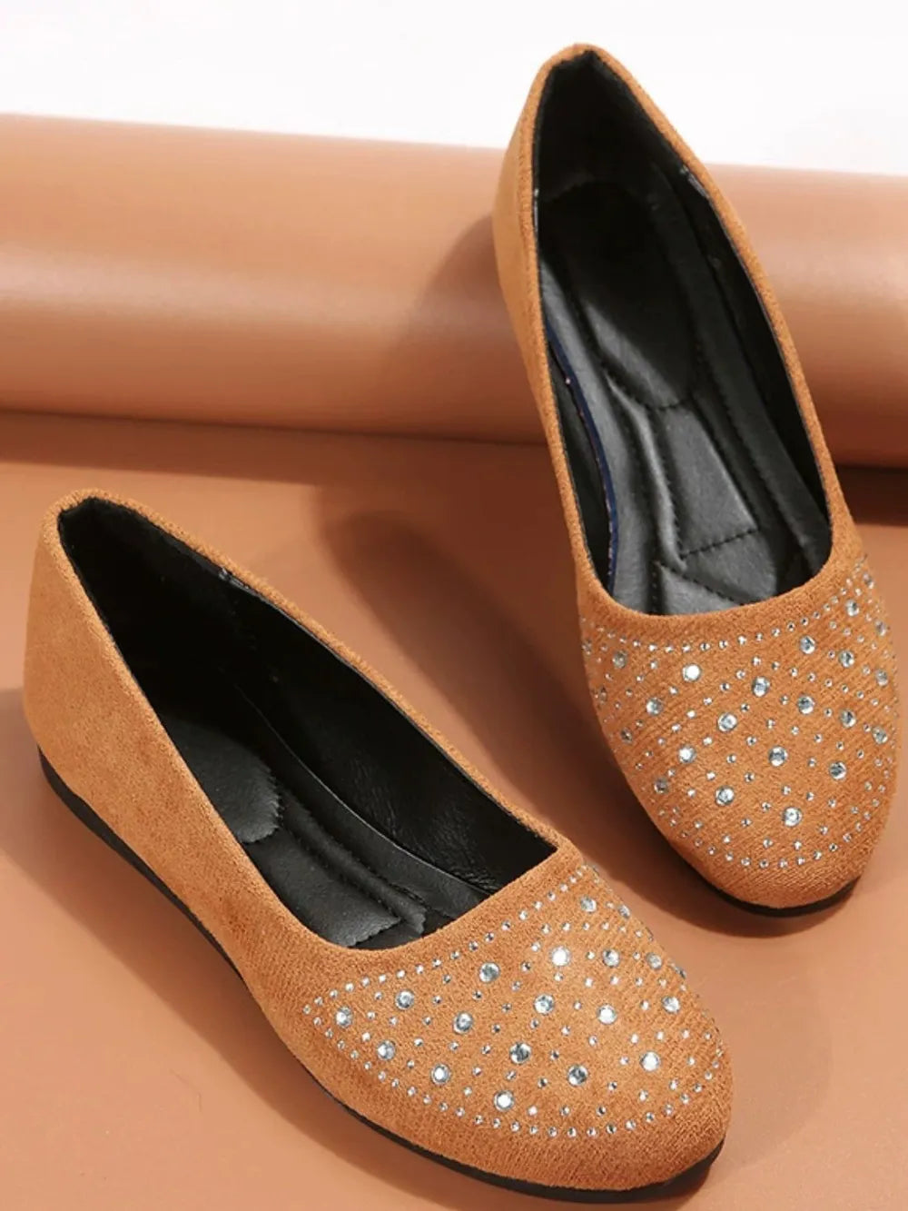 Rhinestone Flat Slip-Ons in Brown