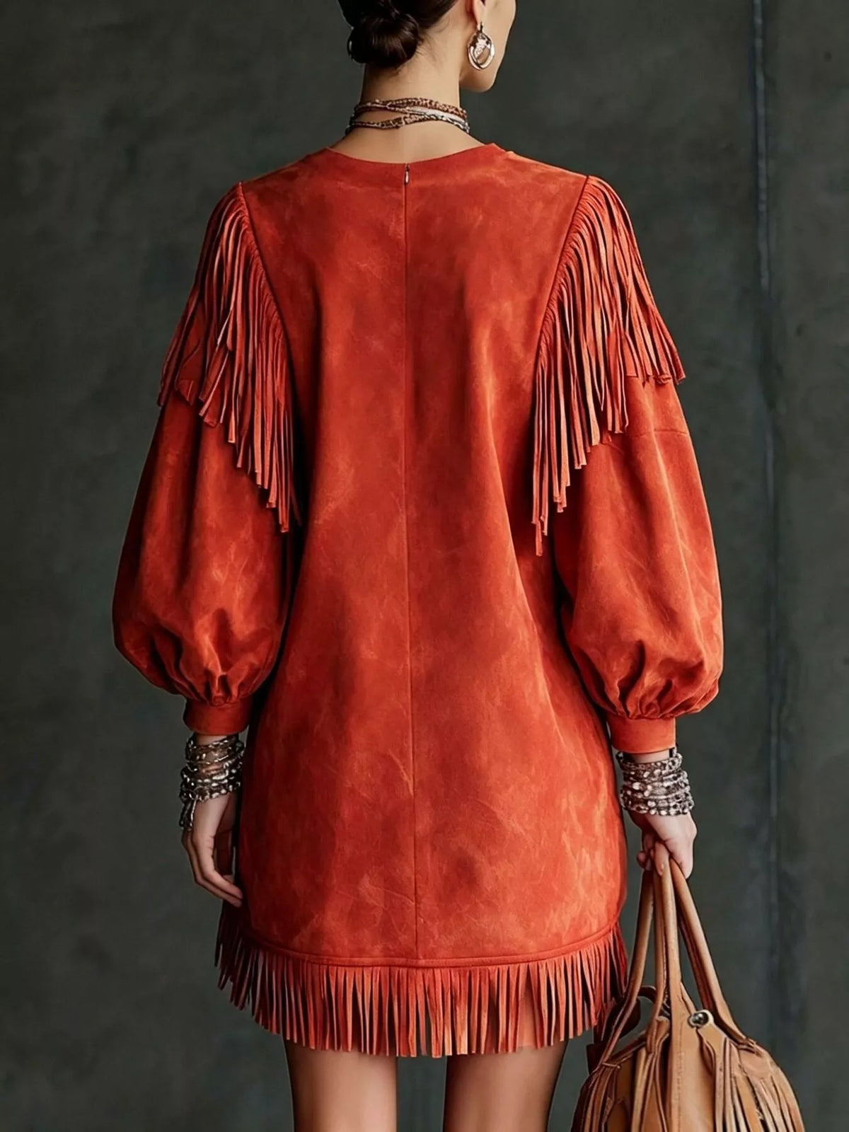 Fringe Detail Lantern Sleeve Mini Dress - Lilixa.store
