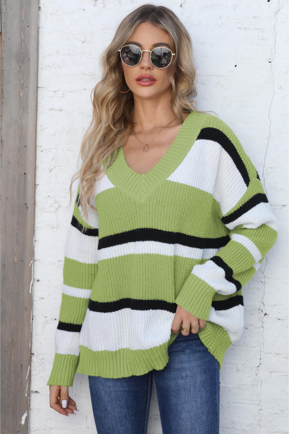Color Block V-Neck Dropped Shoulder Sweater in Yellow-Green