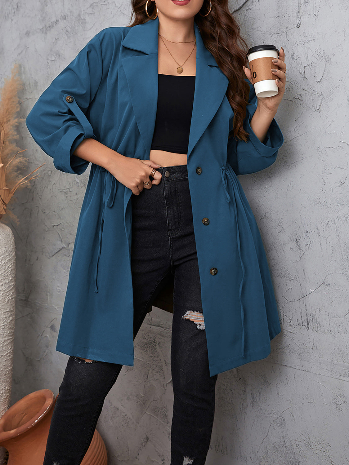 Honey Plus Size Lapel Collar Drawstring Roll-Tab Sleeve Trench Coat in Dusty Blue