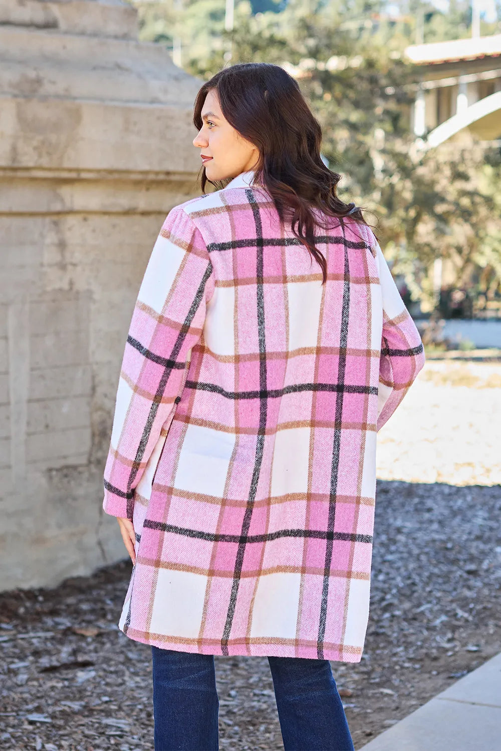 Double Take Full Size Plaid Button Up Lapel Collar Coat - Lilixa.store