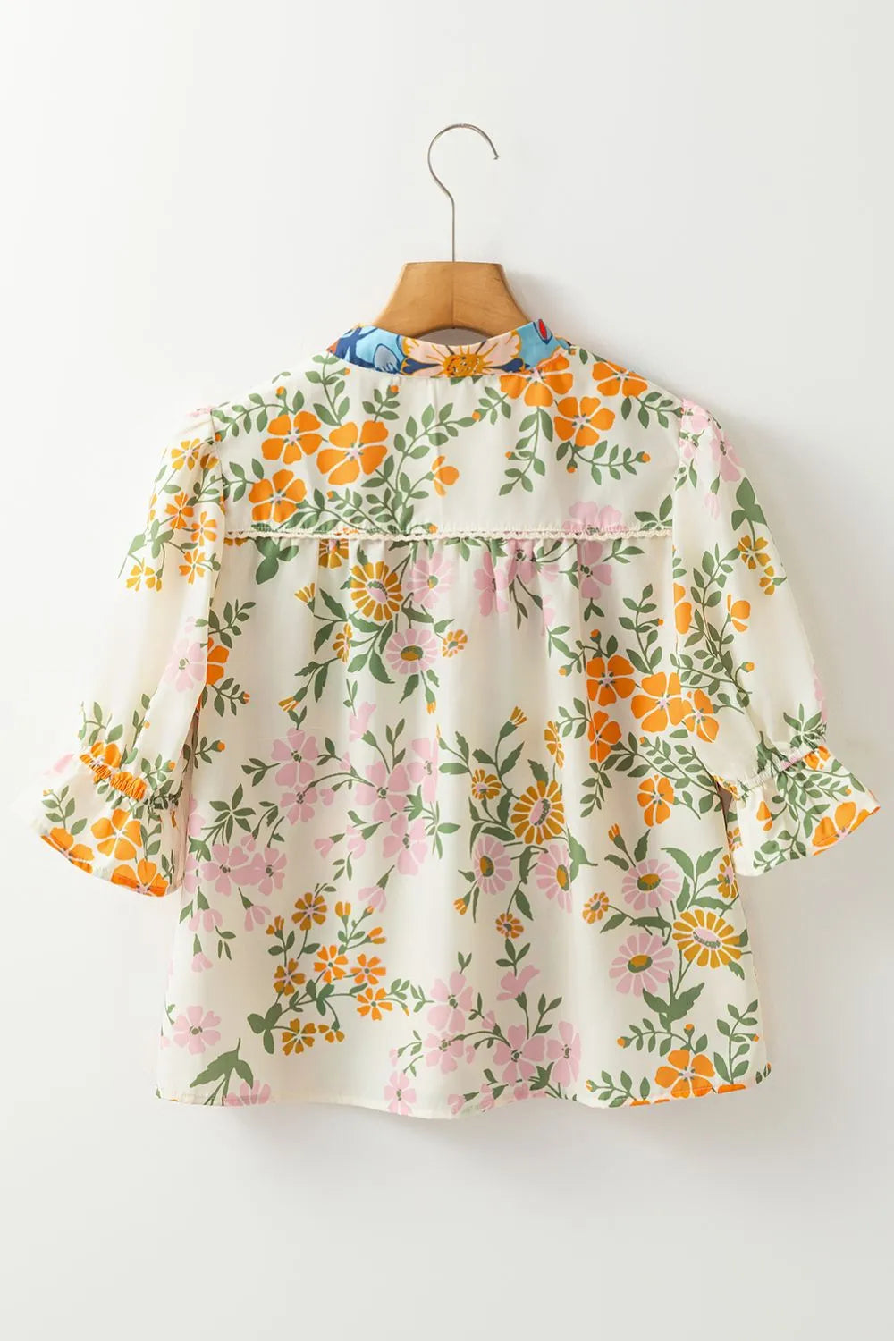 Multicolour Crochet V Neck Half Sleeve Boho Floral Blouse, view 8