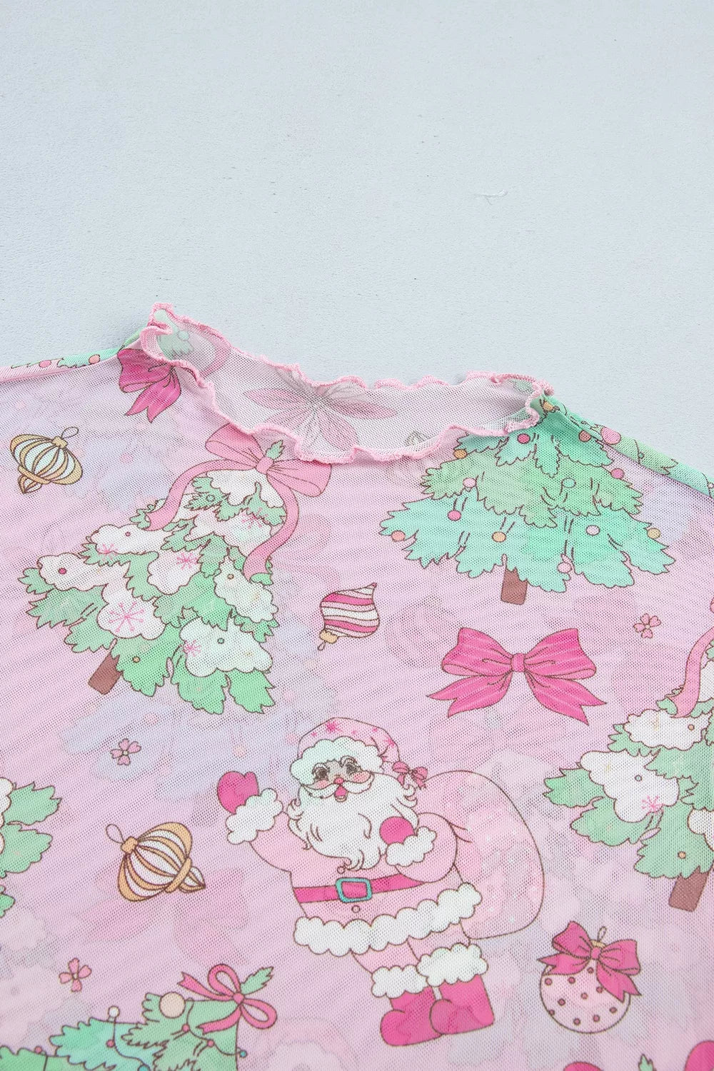 Christmas Print Sheer Mesh Slim Fit Long Sleeve Top in Dusty Pink, view 5