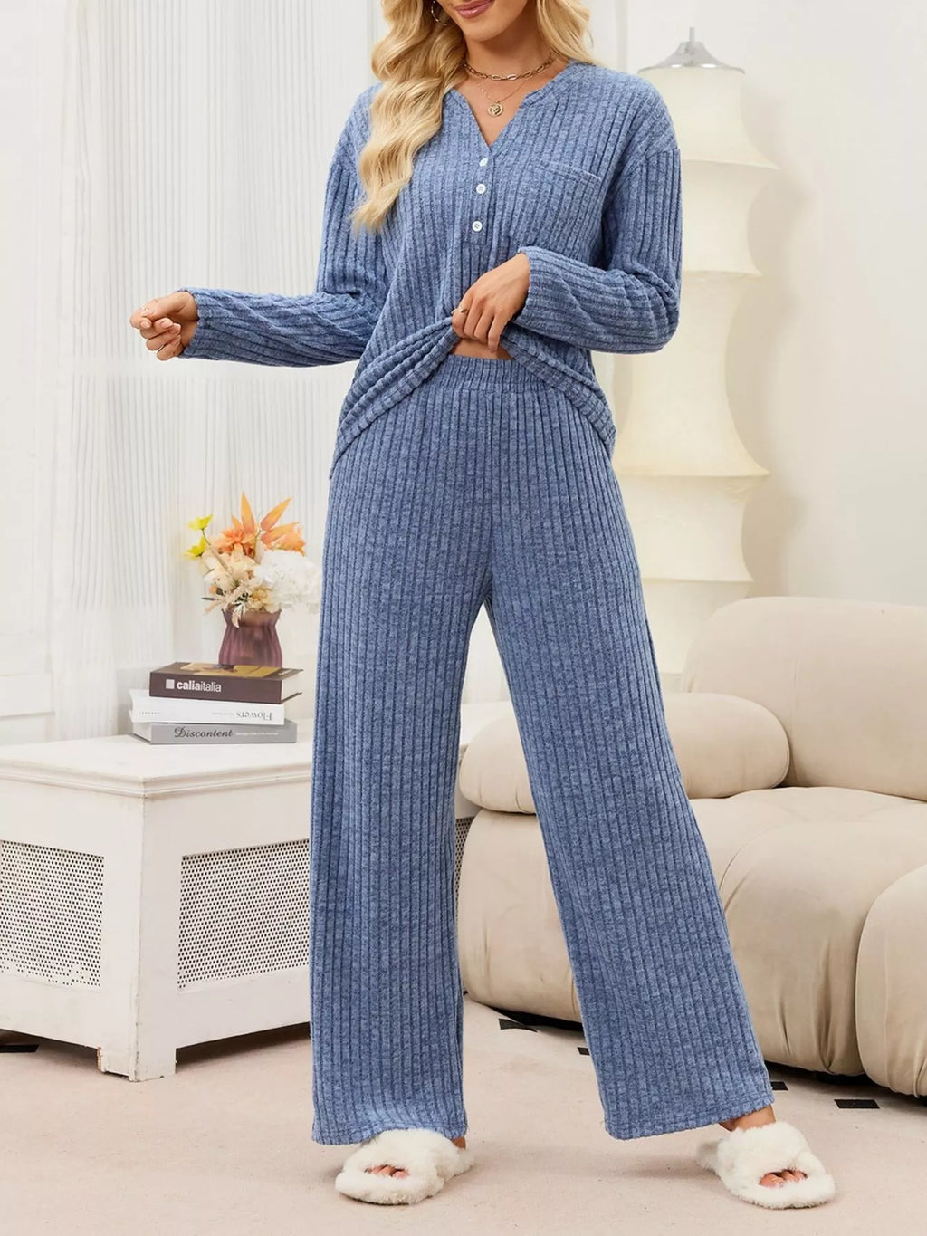 Ribbed Knit Top and Wide-Leg Pants Set - Lilixa.store