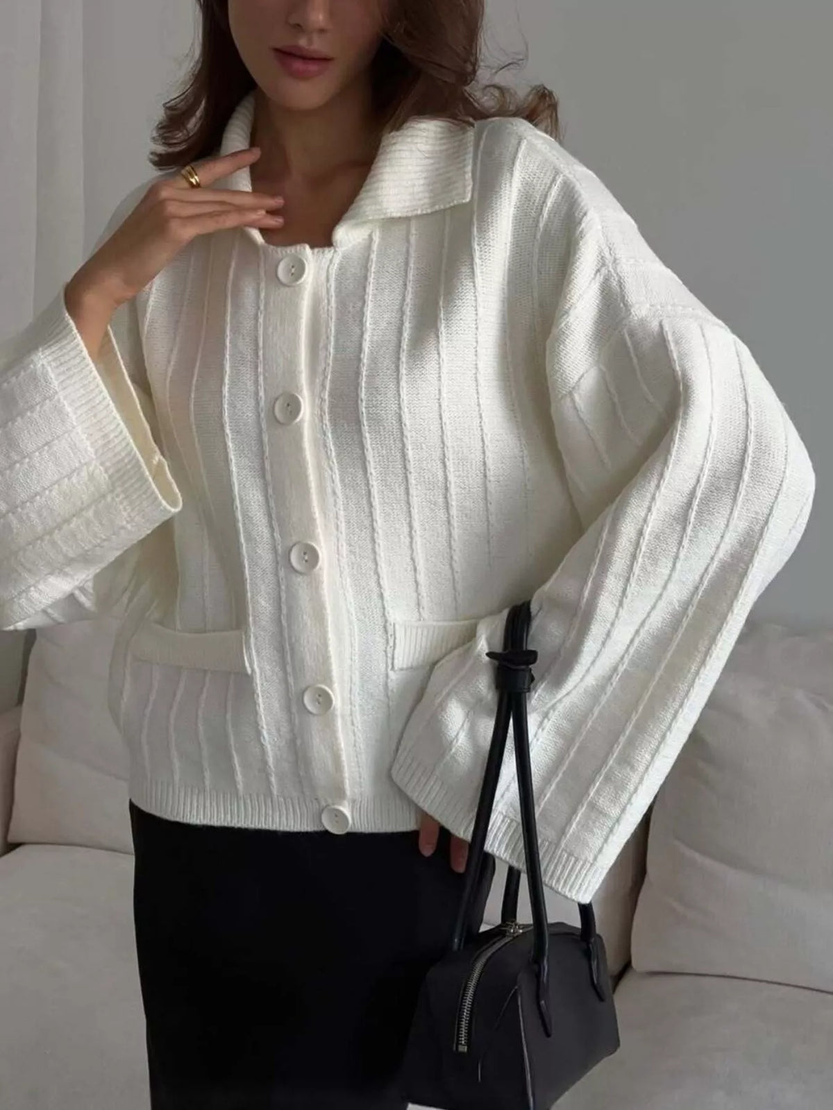 Texture Knit Cardigan with Wide Sleeves and Collar, view 5