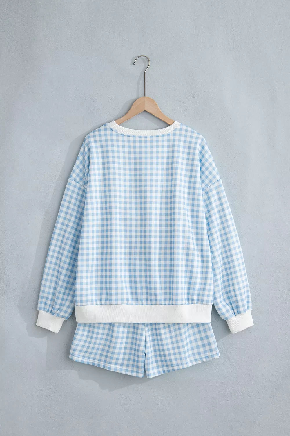 Gingham Long Sleeve Sweatshirt and Shorts Set