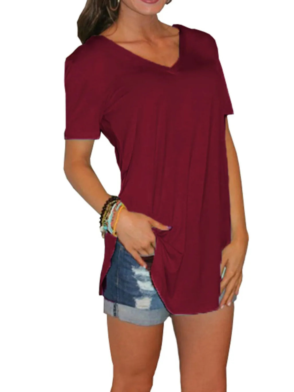 Full Size Solid V-Neck Short Sleeve T-Shirt Plus Size - Lilixa.store