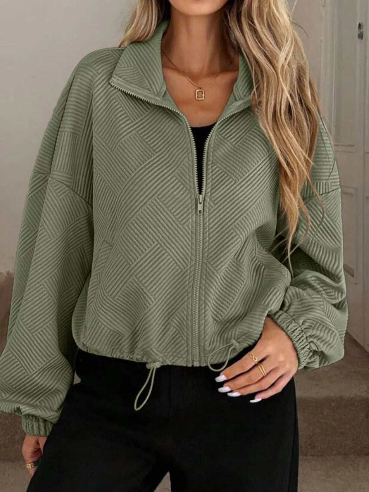 Textured Zip-Up Drawstring Hem Jacket, view 13