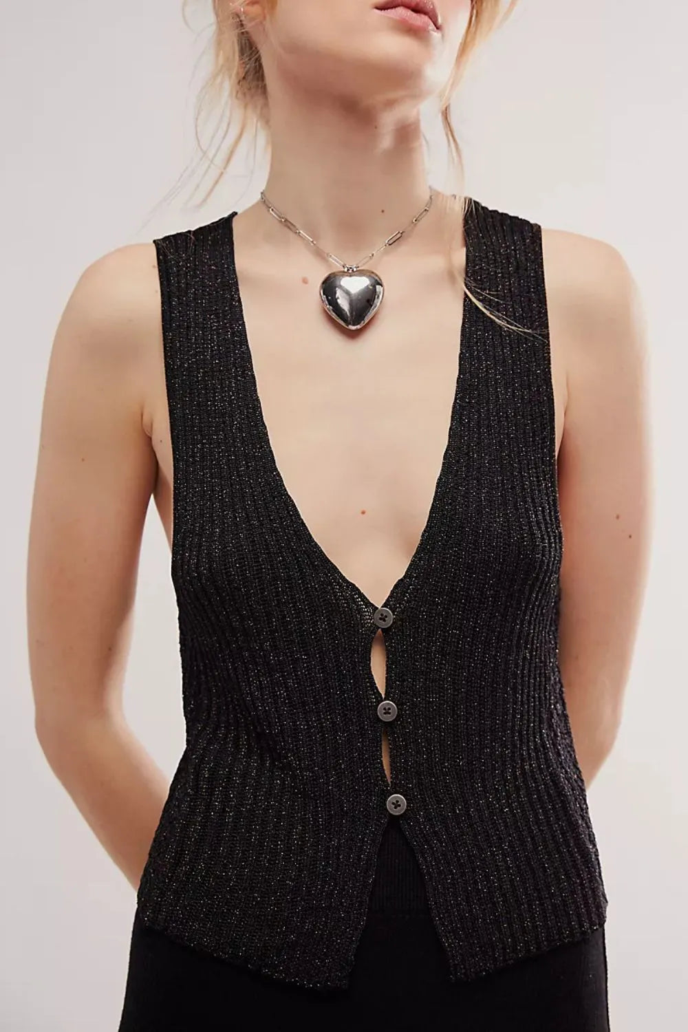 Button Down V-Neck Sweater Vest in Black