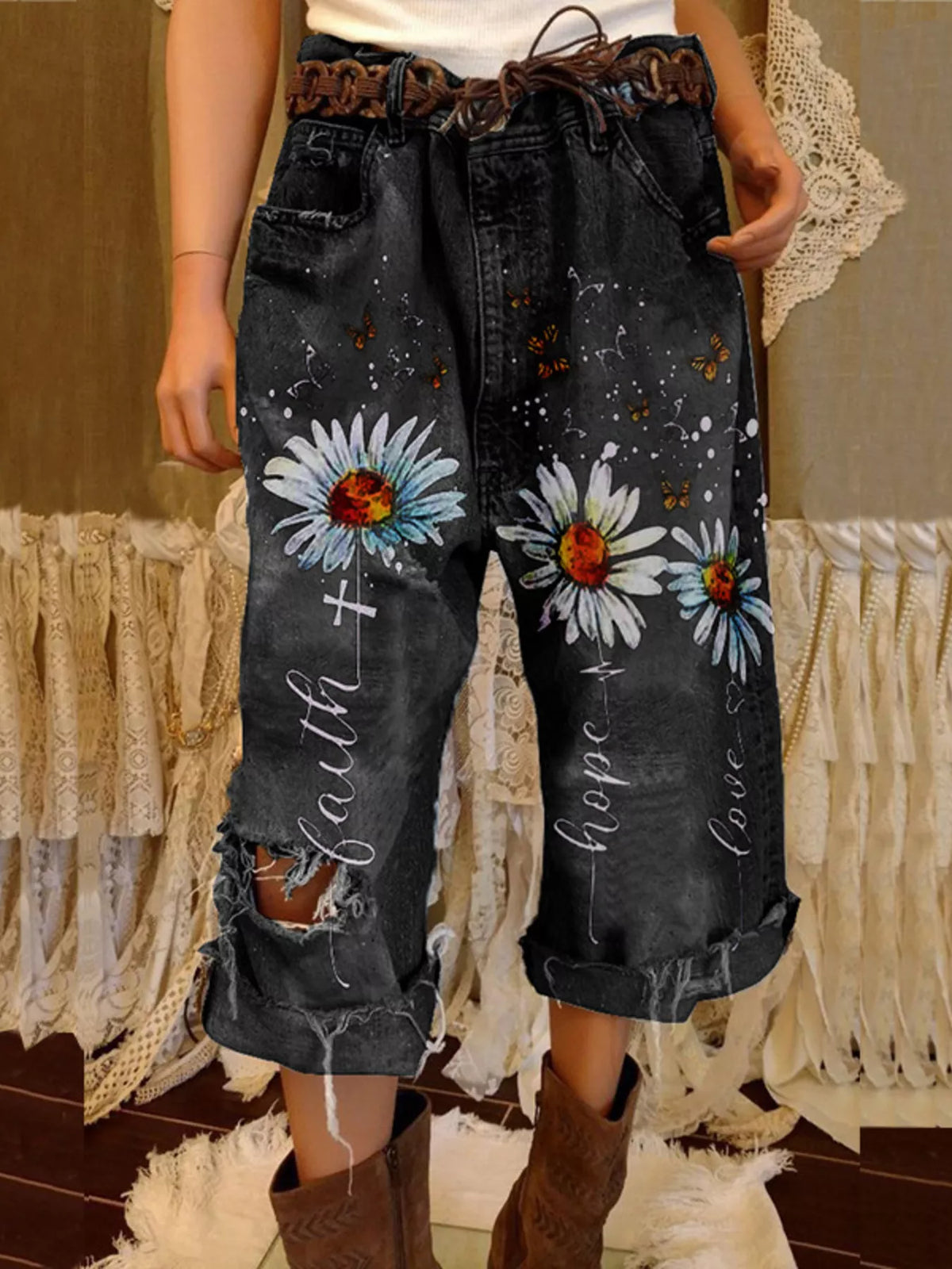 Full Size Floral Distressed Cropped Jeans Plus Size - Lilixa.store