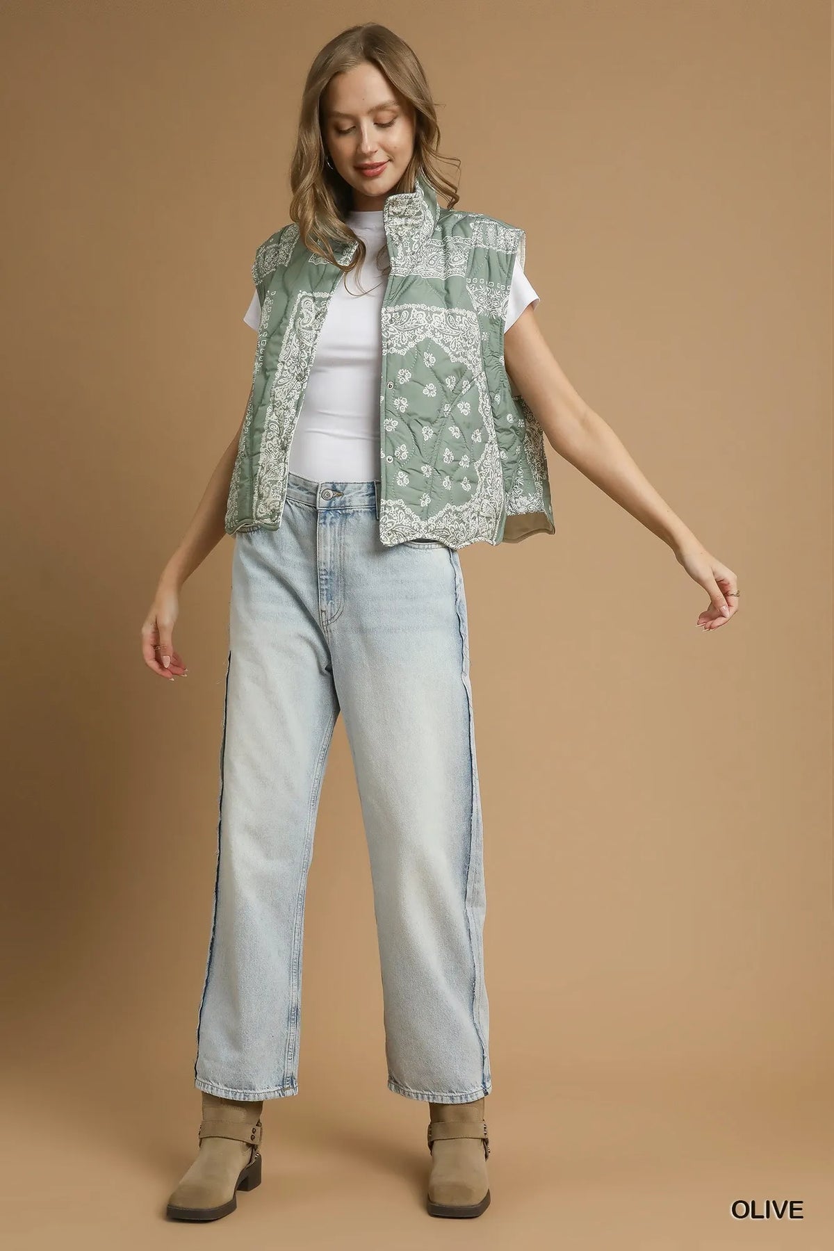 Umgee Bandana Print Quilted Puffer Vest in Olive, view 4