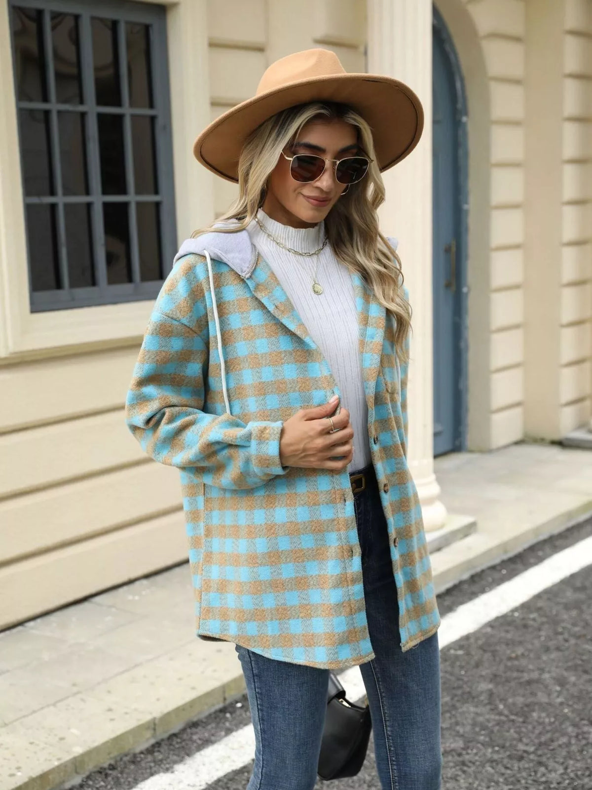Plaid Button Up Long Sleeve Drawstring Hooded Jacket, view 11