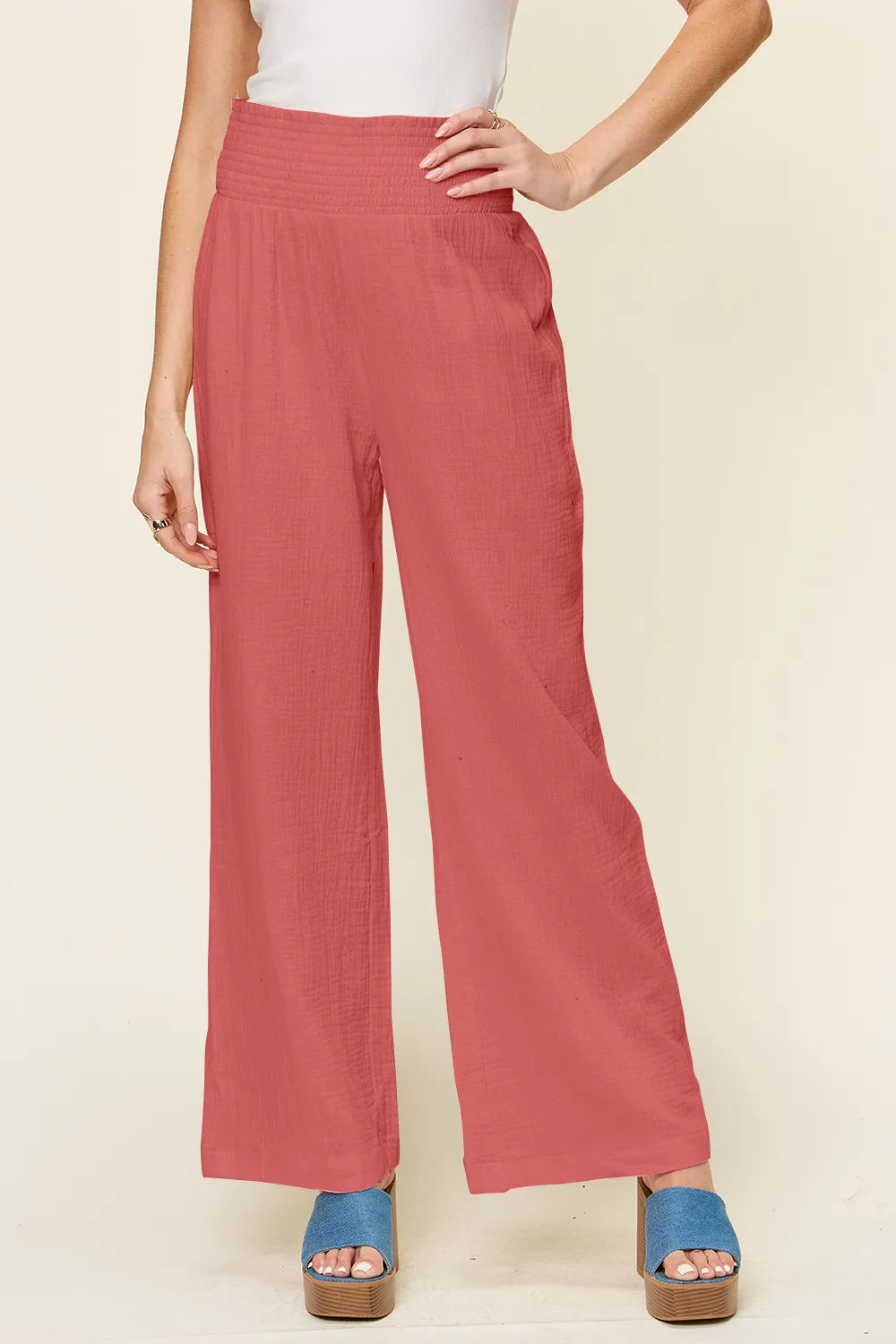 Double Take Full Size Texture Smocked Waist Wide Leg Pants - Lilixa.store