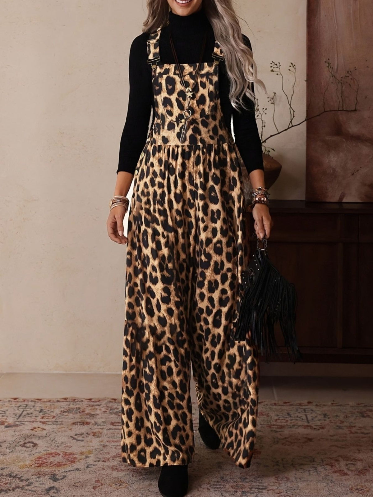 Leopard Print Wide Leg Overalls - Lilixa.store