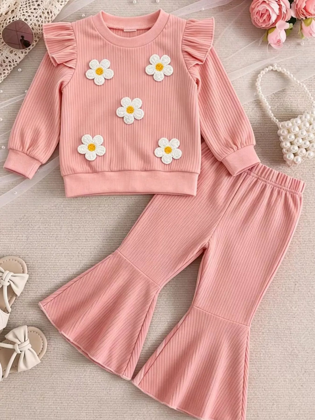 Children's Daisy Ruffled Ribbed Top and Flare Pants Set - Lilixa.store