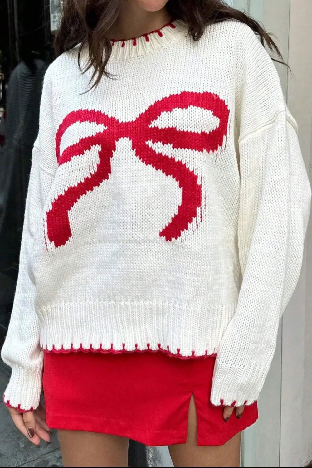 Bow Graphic Round Neck Long Sleeve Sweater - Lilixa.store
