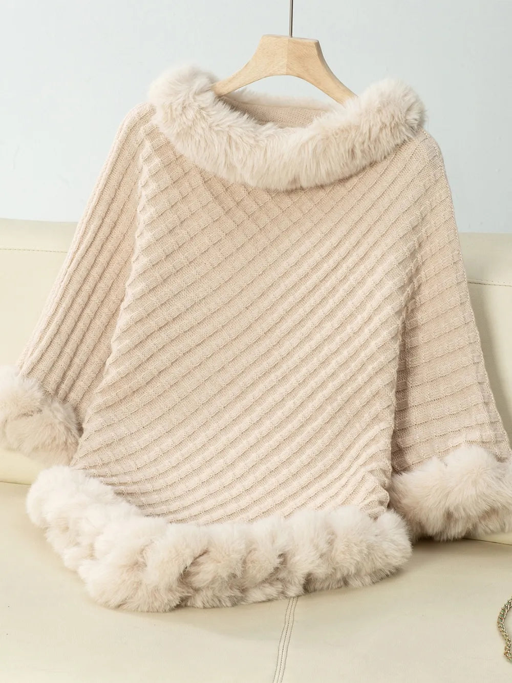 Fuzzy Trim Texture Three-Quarter Sleeve Poncho - Lilixa.store