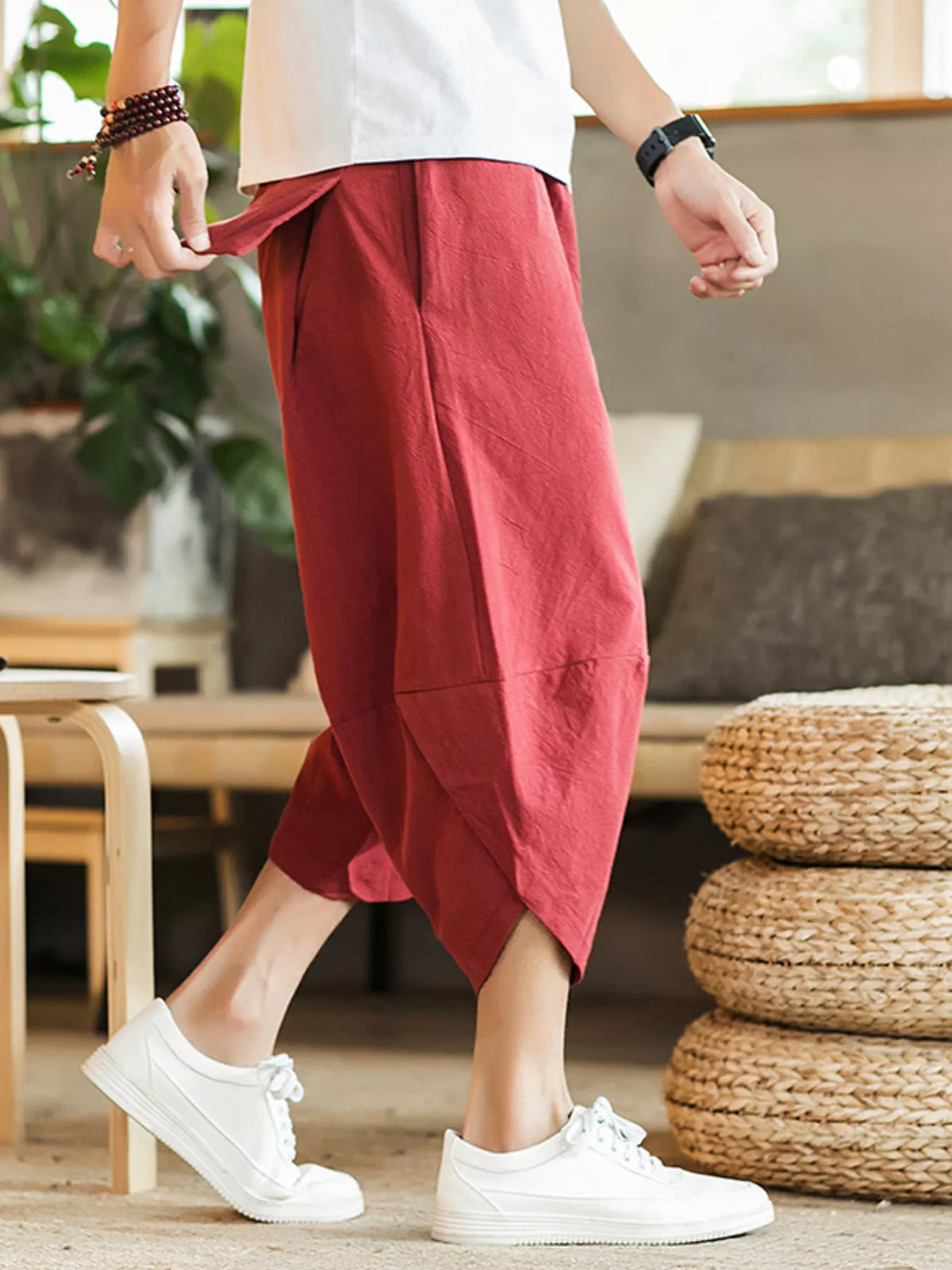 Men's Plus Size Loose Fit Cropped Pants in Red