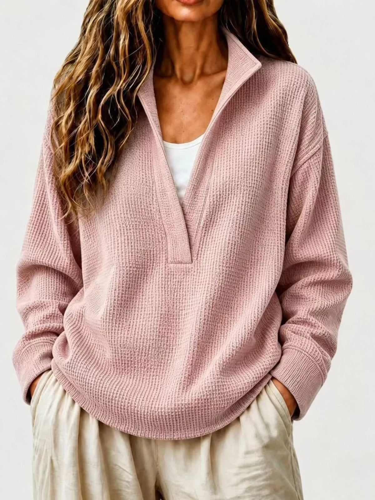 Full Size Waffle Knit Dropped Shoulder Sweatshirt Plus Size - Lilixa.store