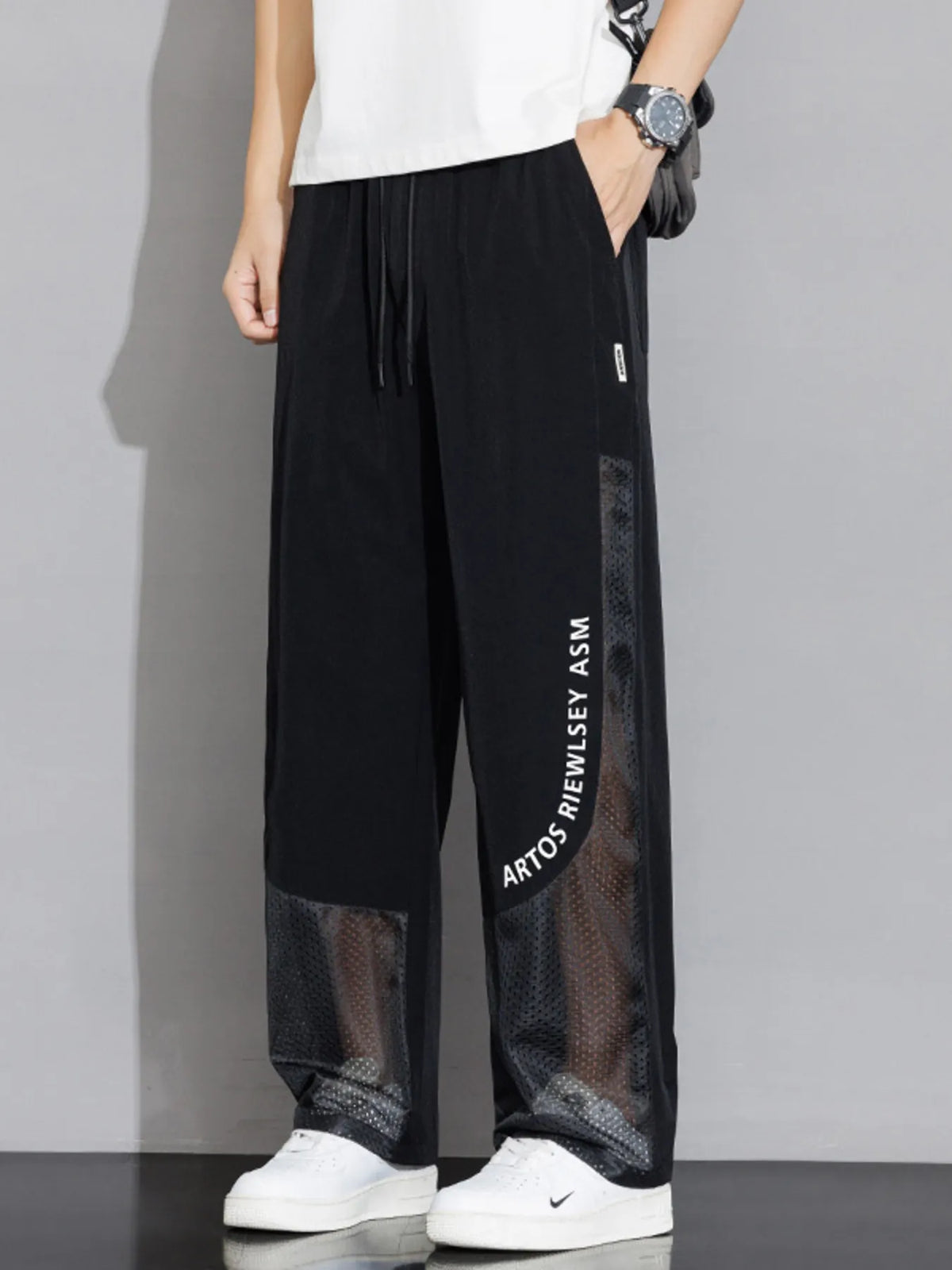 Men's Plus Size Drawstring Wide Leg Mesh Panel Pants in Black