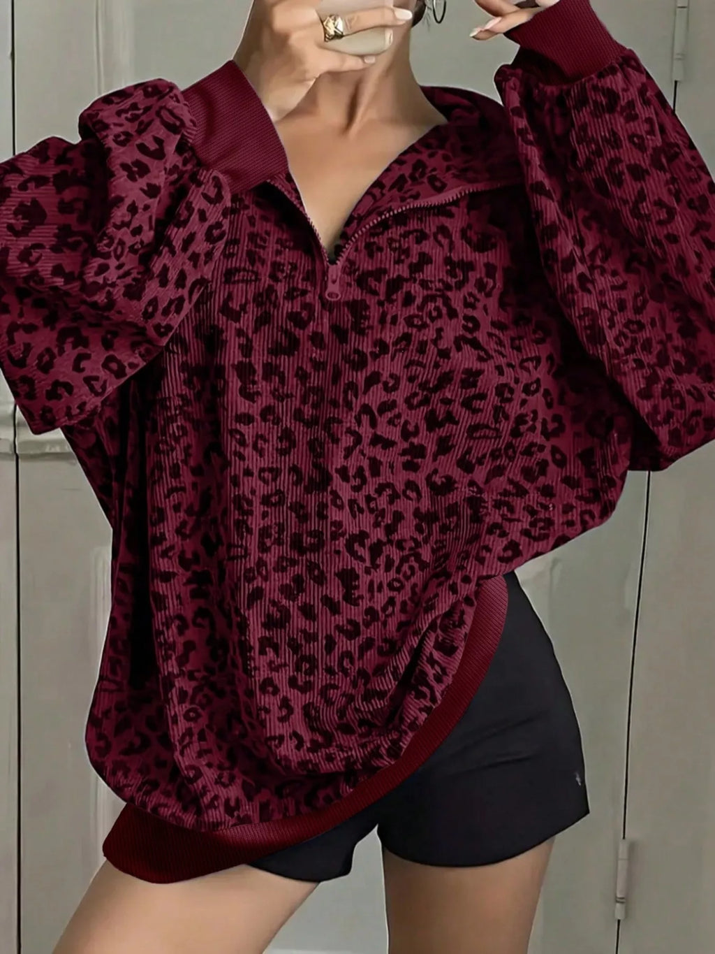 Leopard Print Quarter-Zip Sweatshirt - Lilixa.store