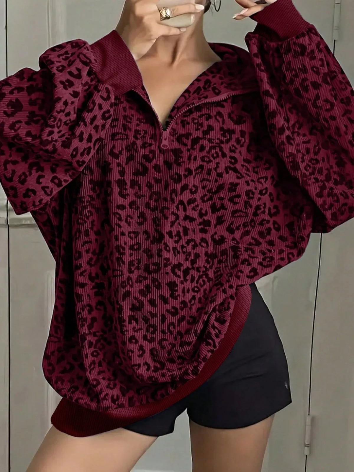 Leopard Print Quarter-Zip Sweatshirt - Lilixa.store
