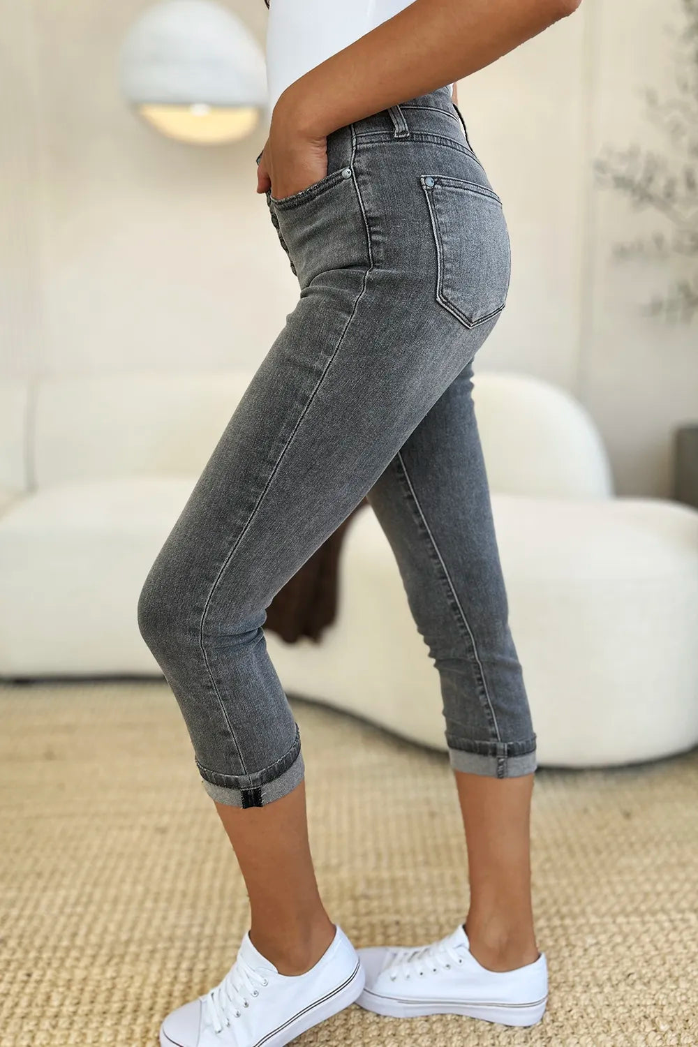 Judy Blue Full Size Button Fly High Waist Cuffed Capris - Lilixa.store